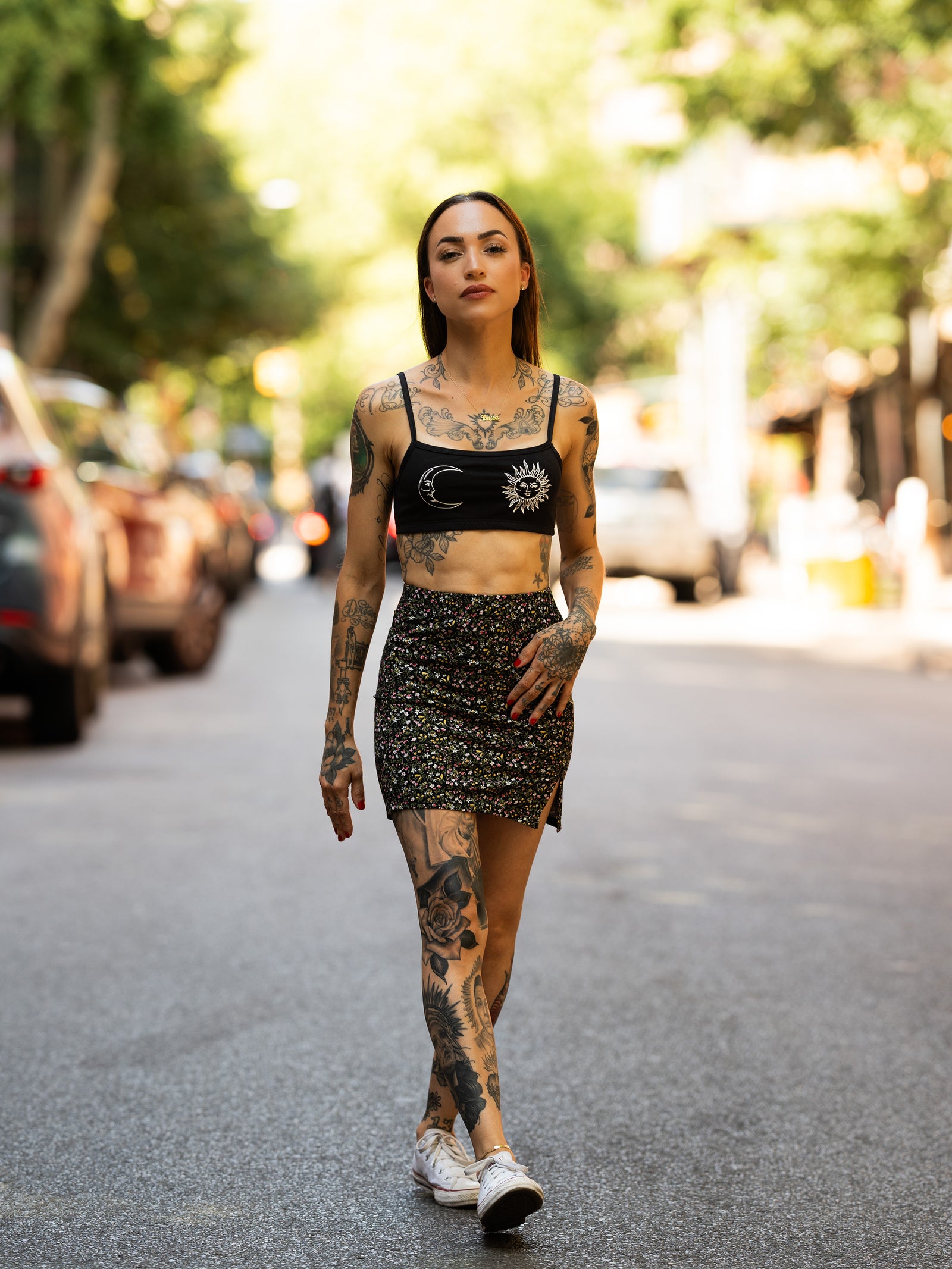 Janice Danger wearing the Sun and Moon bralette with the Addicted to Love floral skirt