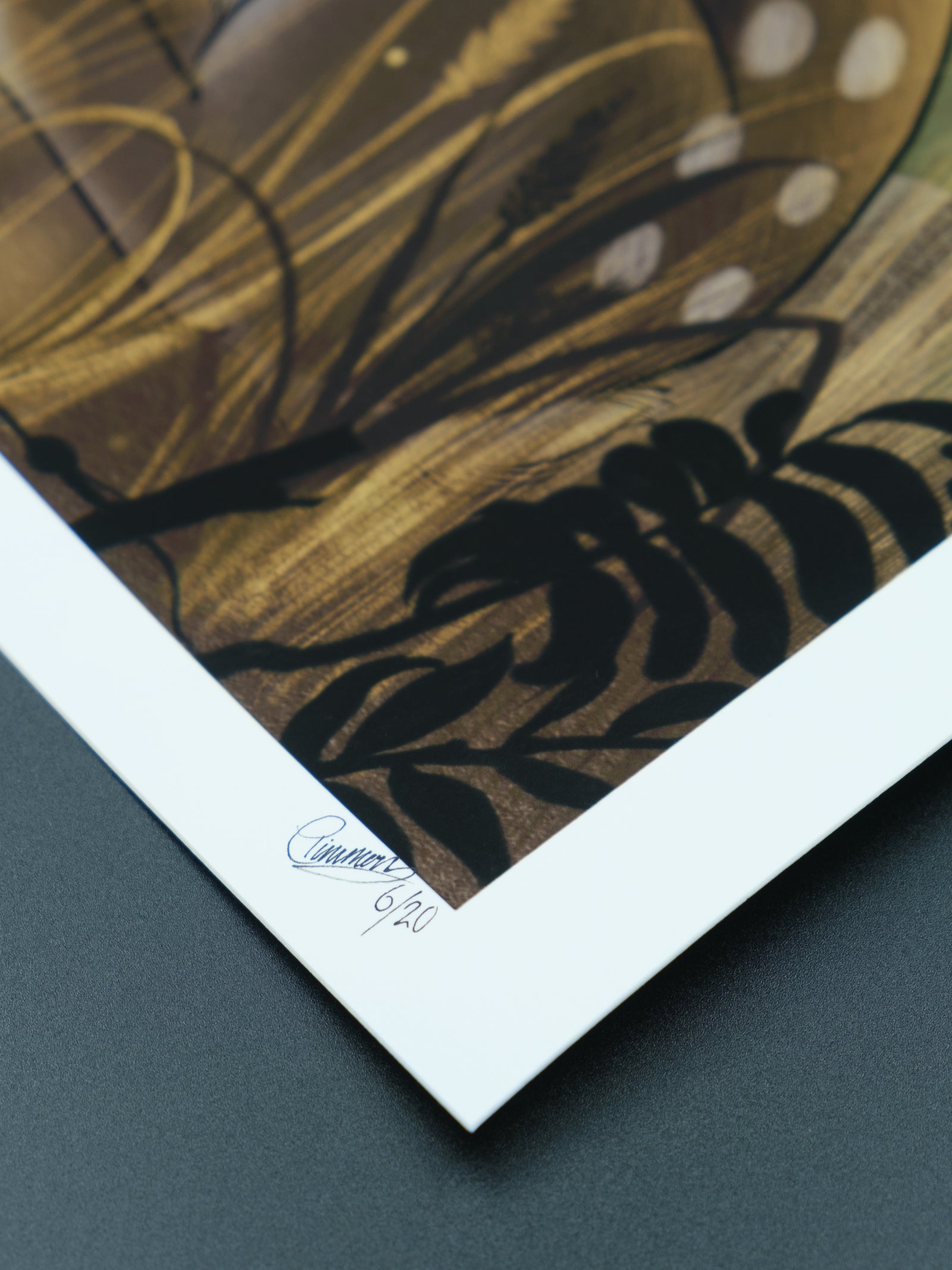 Detail of signature and edition details on art print featuring Jackalope design made by tattoo artist Charlotte Timmons