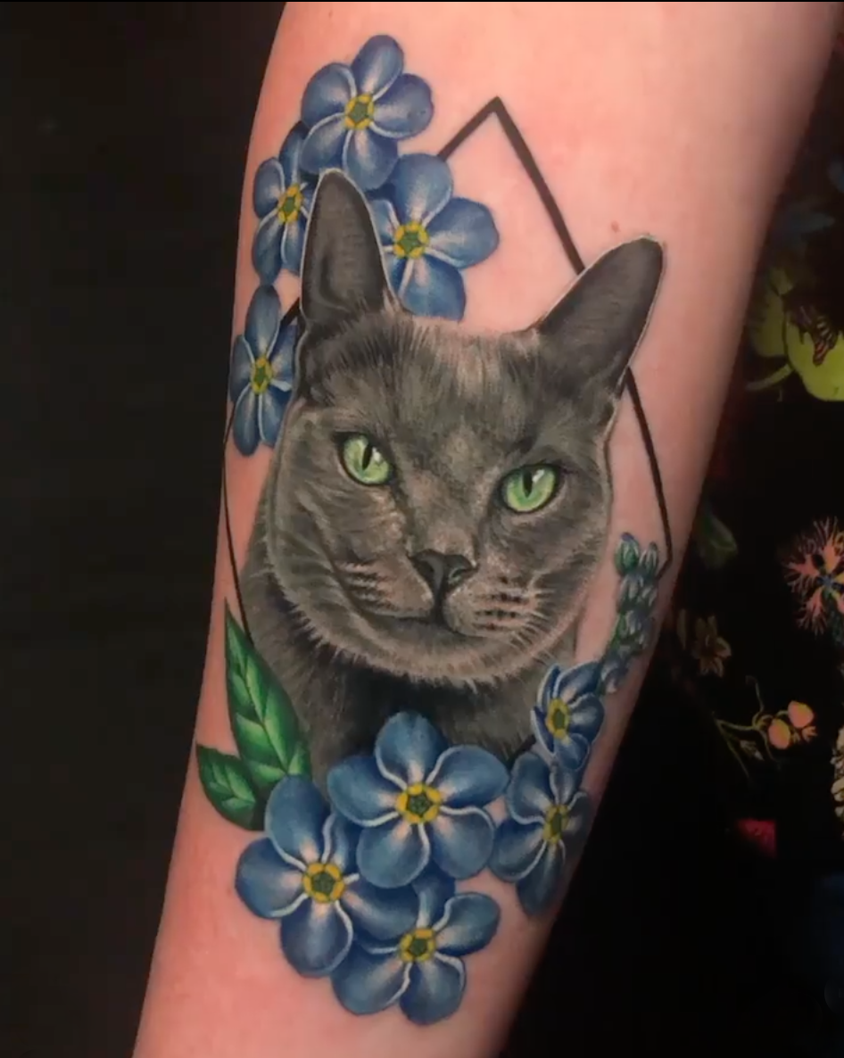 Cat portrait tattoo by Megan Massacre