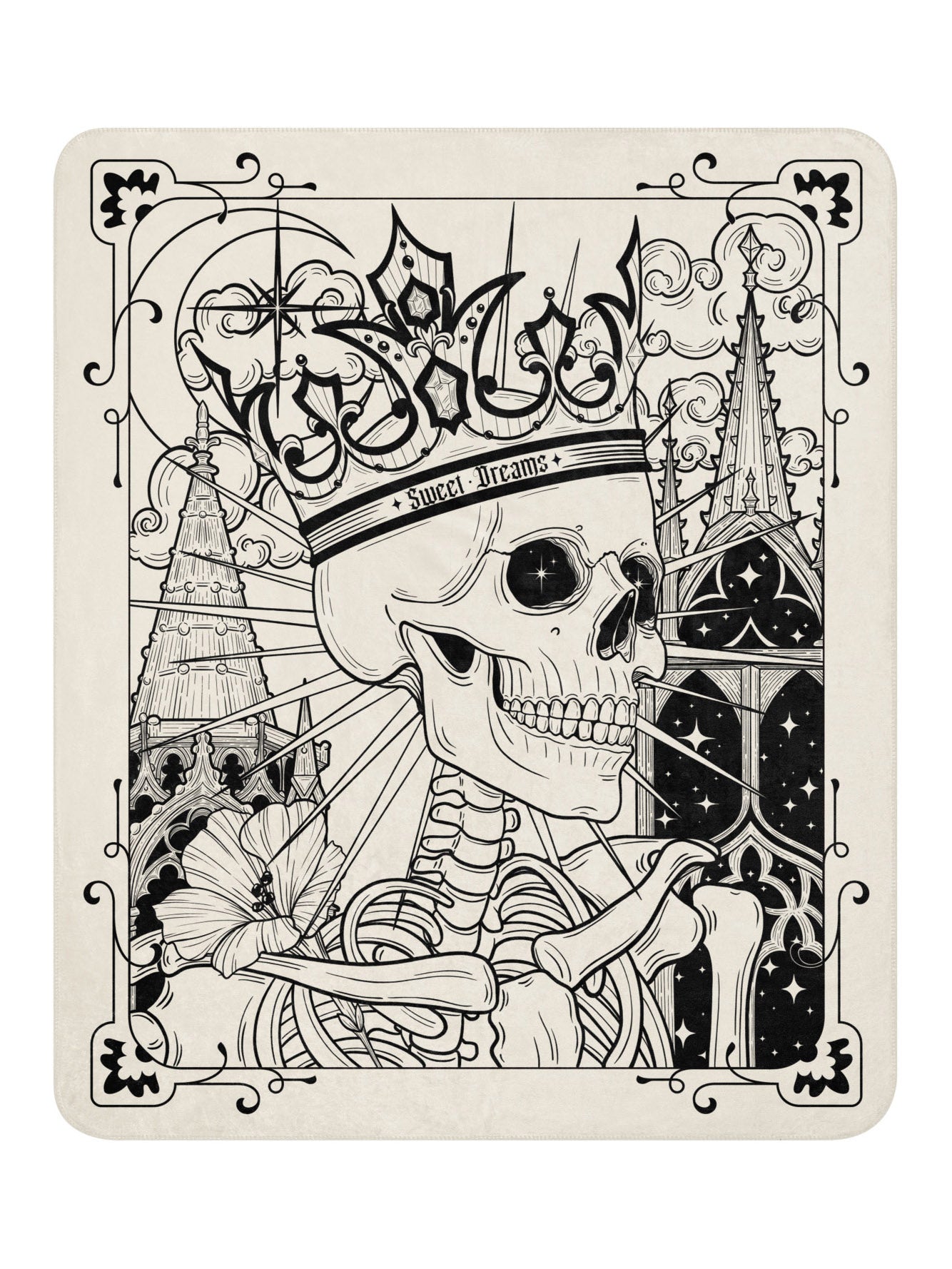 Slightly off white soft blanket with design made by Janice Danger. Skeleton wearing a crown that reads "sweet dreams" with gothic architectural details, florals and a crescent moon.