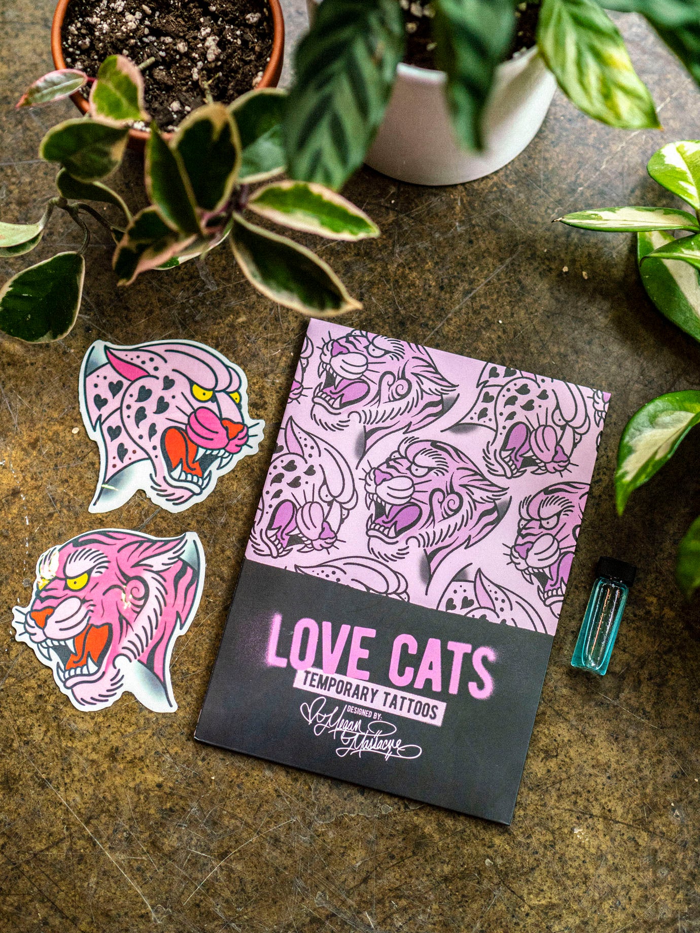 Two pink cat temporary tattoos with packaging among potted plants.