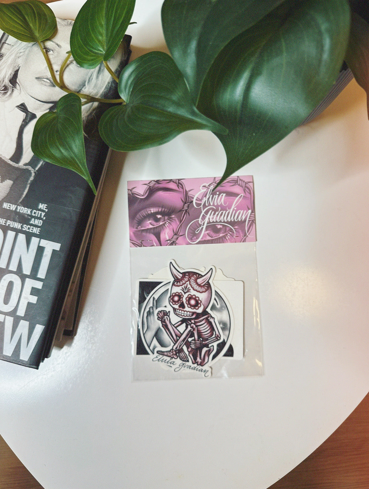 pink sticker pack on a white table with plant and book in the frame.