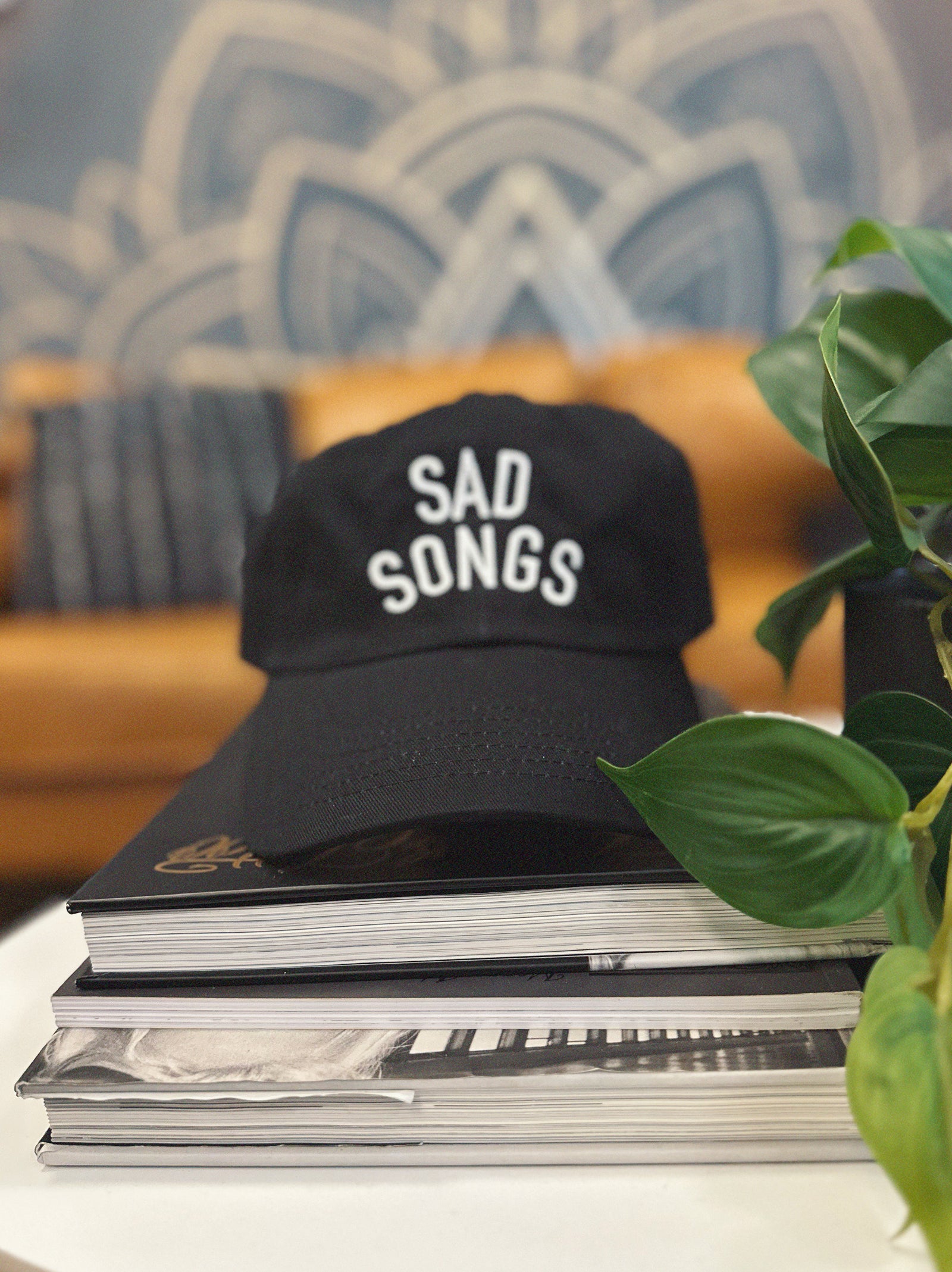 Black cap with 'SAD SONGS' text on a stack of books with a decorative wall in the background