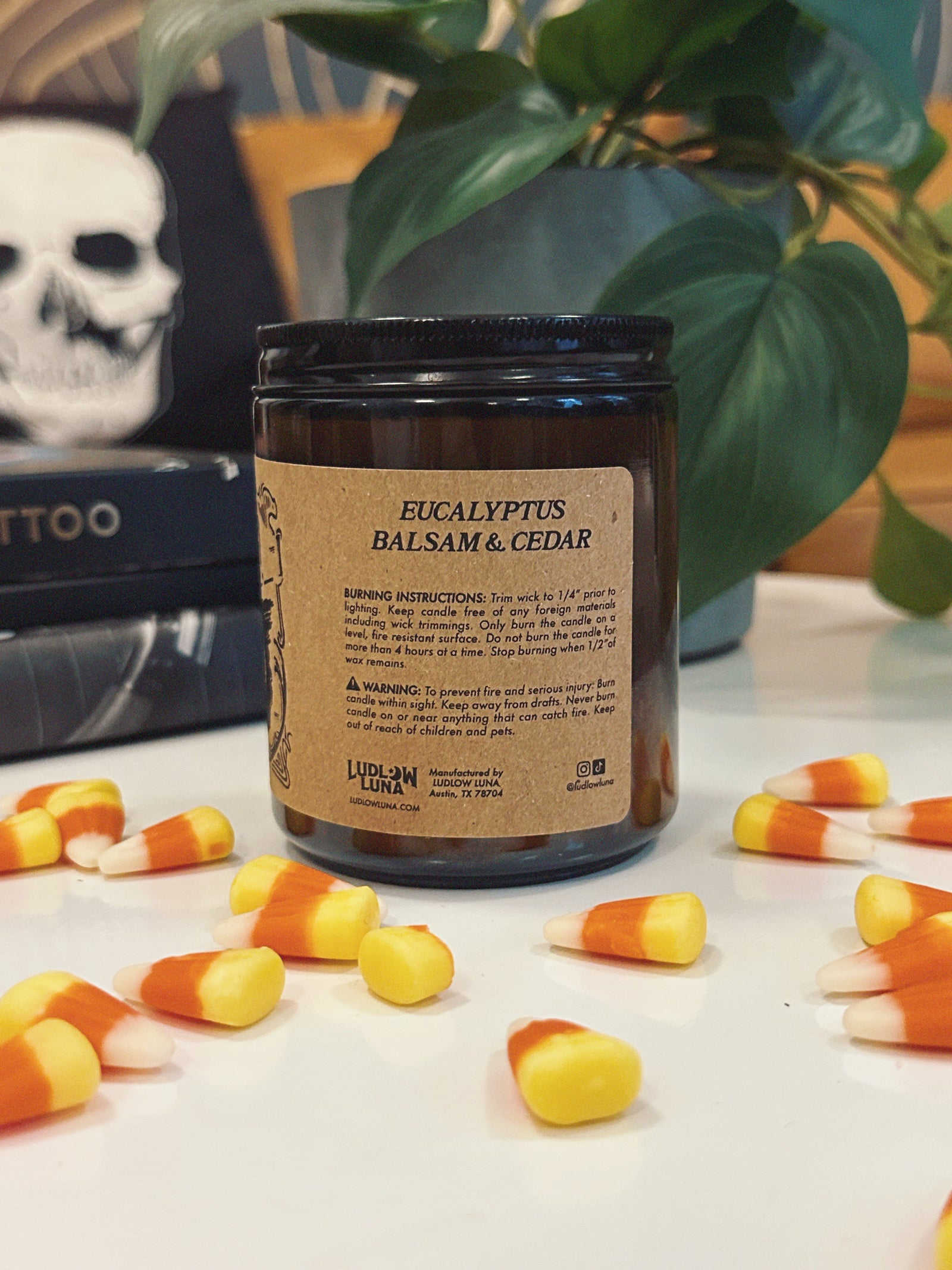 Jar candle  labeled 'Summon' with planchette graphic label on a table with candy corn and plant in the background.