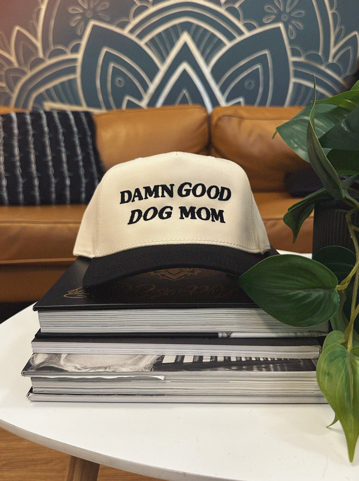 Black and white cap with 'Damn Good Dog Mom' text on a stack of books against a decorative wall.