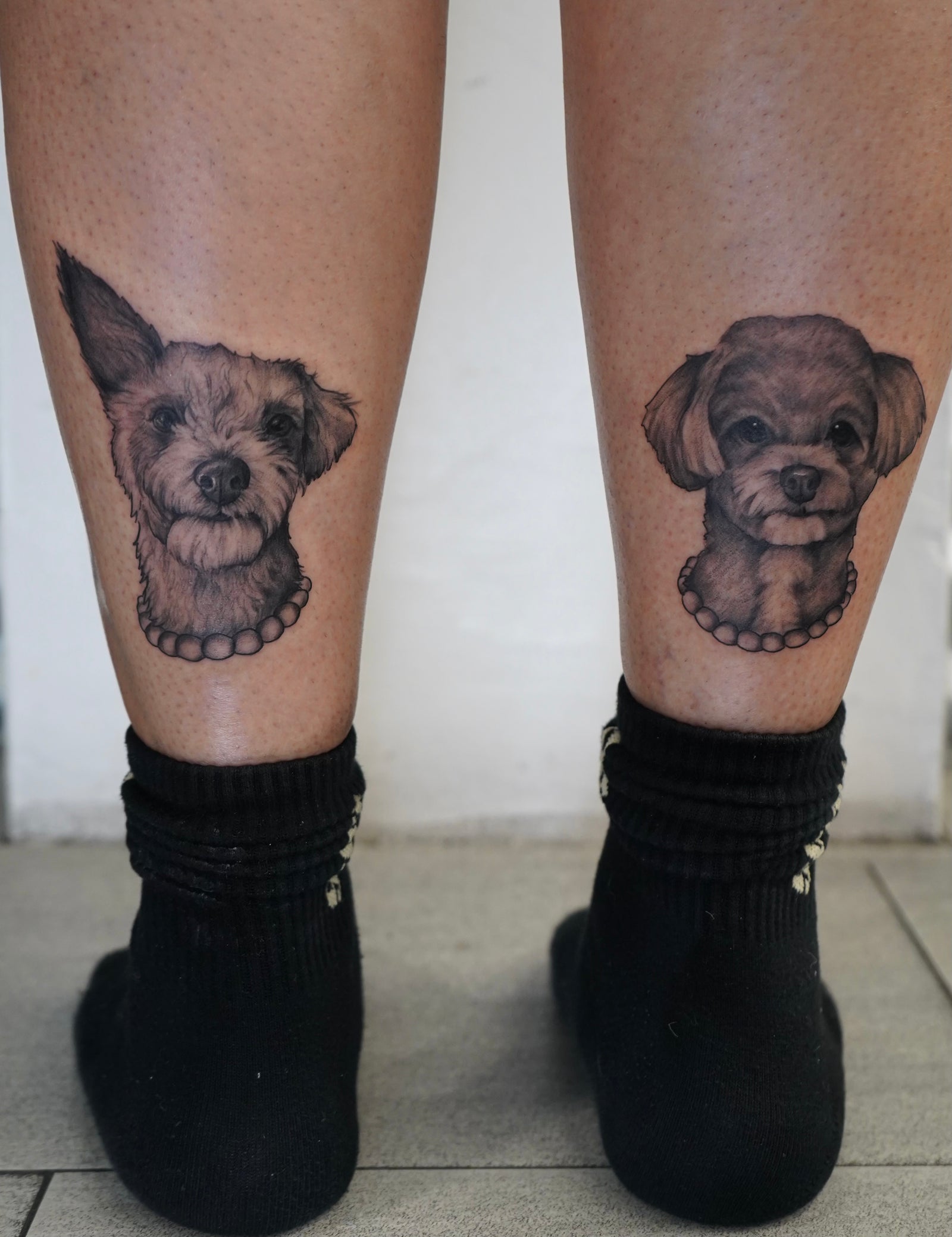 black and gray dog portrait tattoos by Miss Vampira