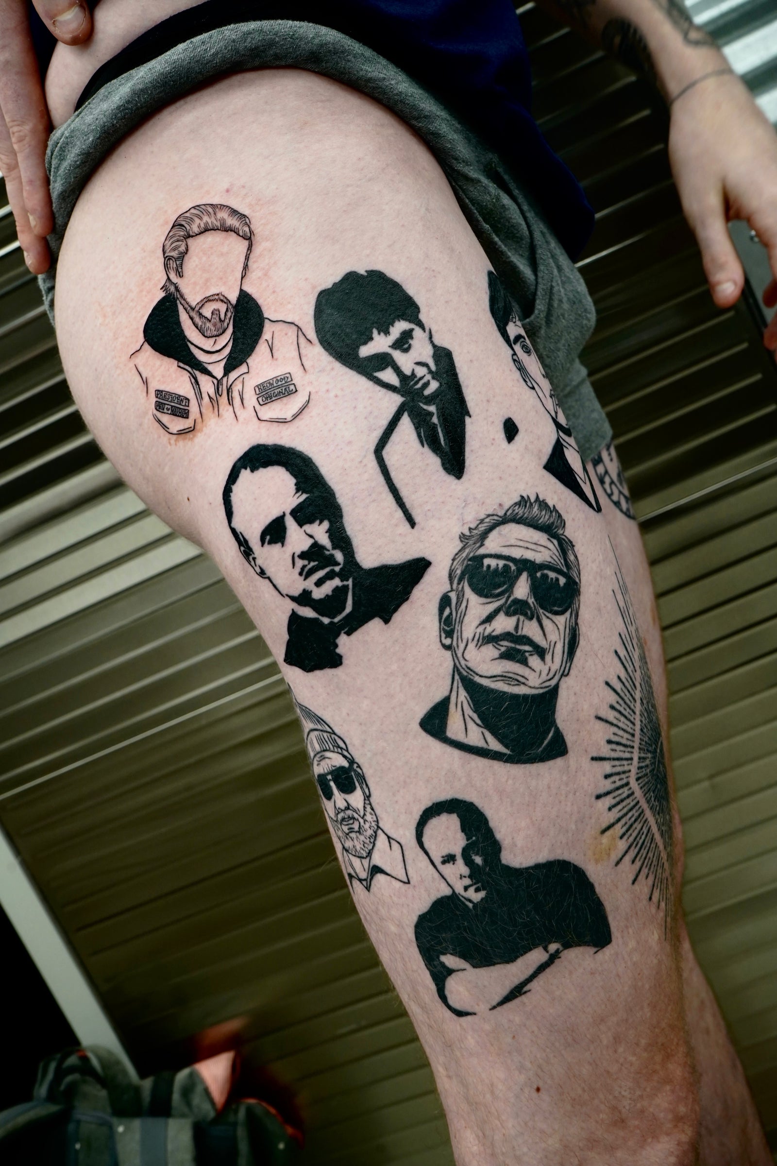 high contrast blackwork portrait tattoos by Miss Vampira Tony Soprano, Anthony Bourdain, Scarface, The Godfather