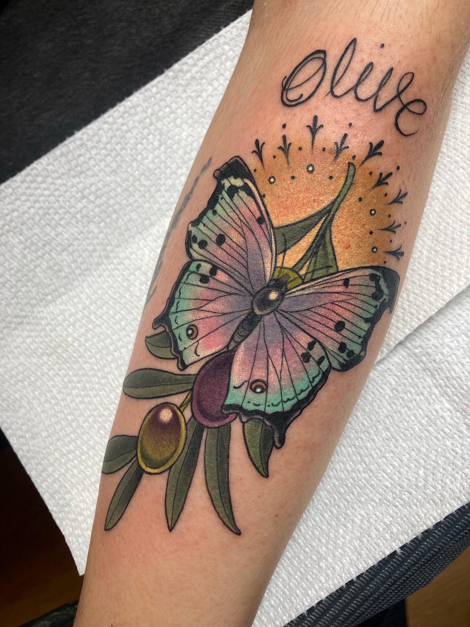 Neo Traditional butterfly and olive branch color tattoo by Charlotte Timmons. This iridescent looking butterfly is framed by a yellow traditional halo. 