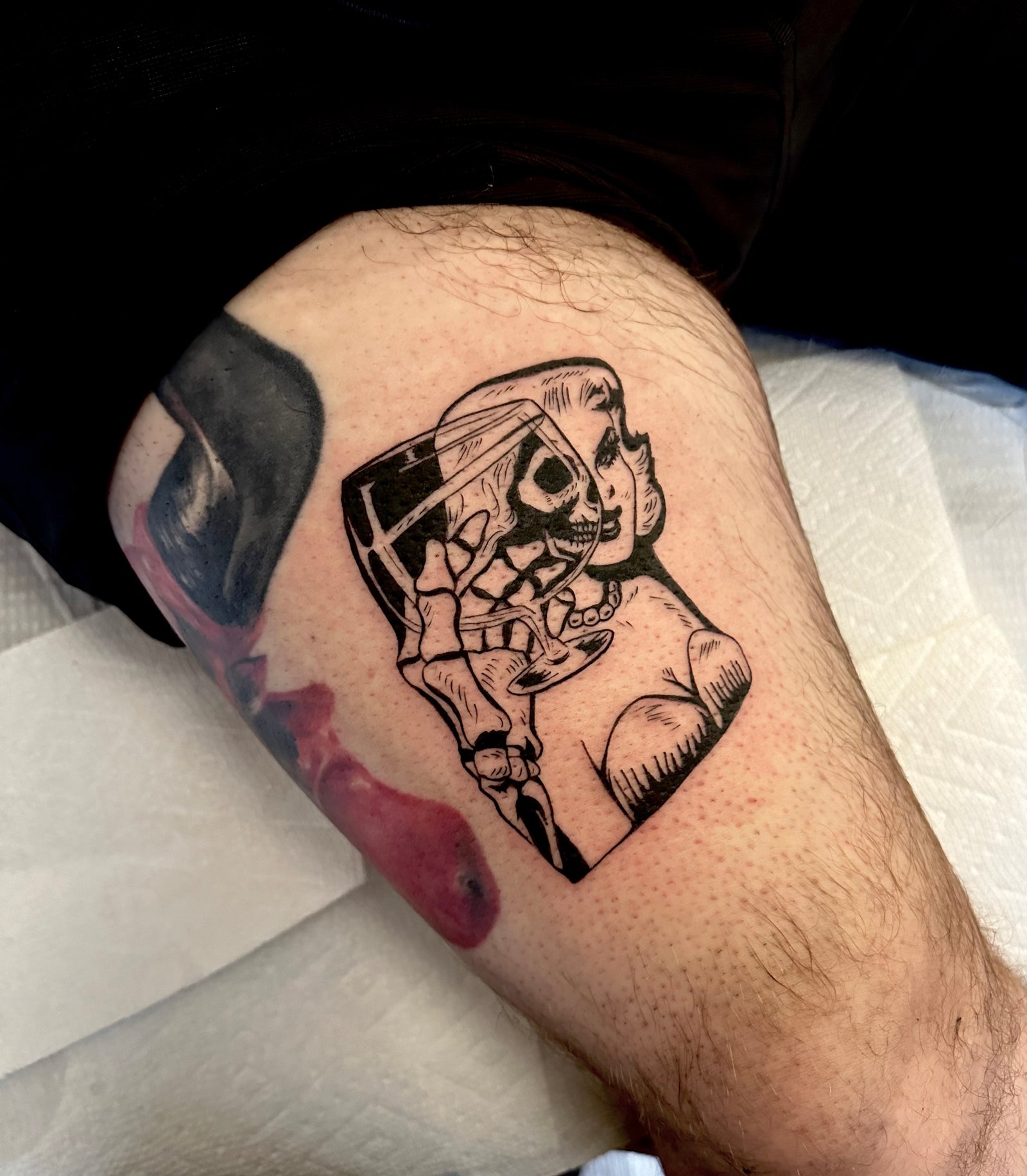 Misfits Die Die My Darling album art blackwork thigh tattoo by Miss Vampira 