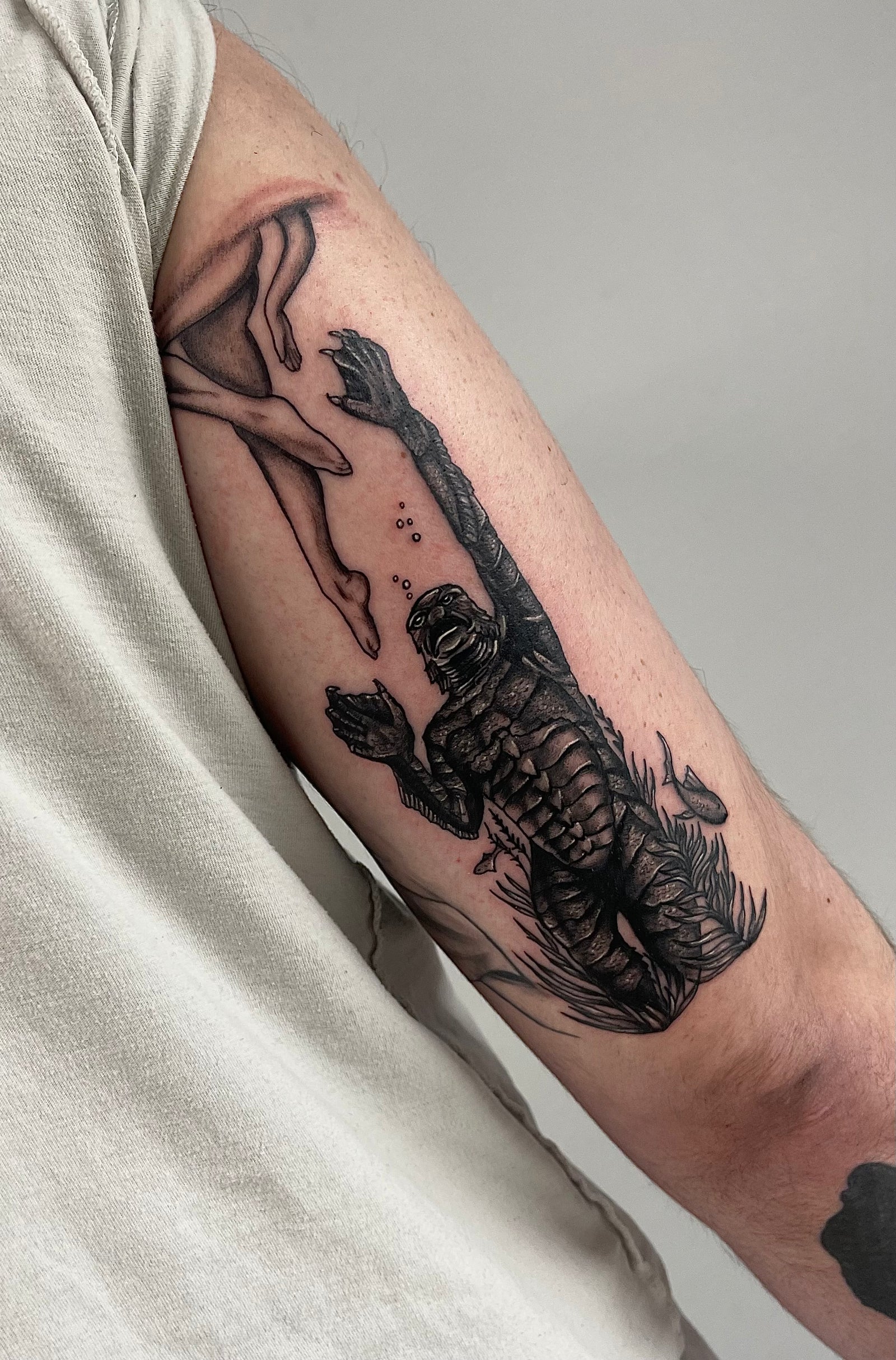 Creature from the Black Lagoon classic horror black and gray tattoo by Miss Vampira