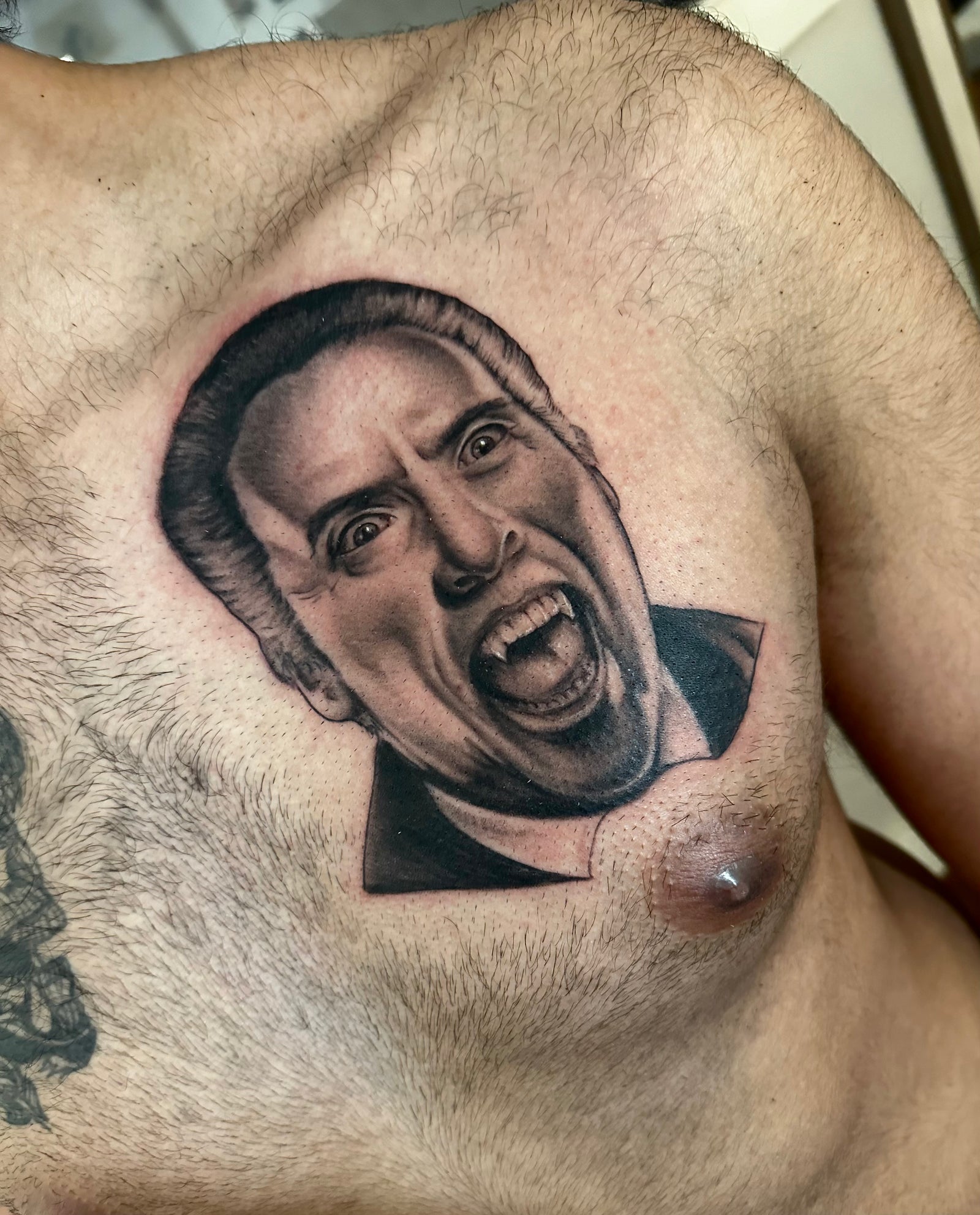 black and grey vampire portrait chest tattoo by Miss Vampira Halloween Horror