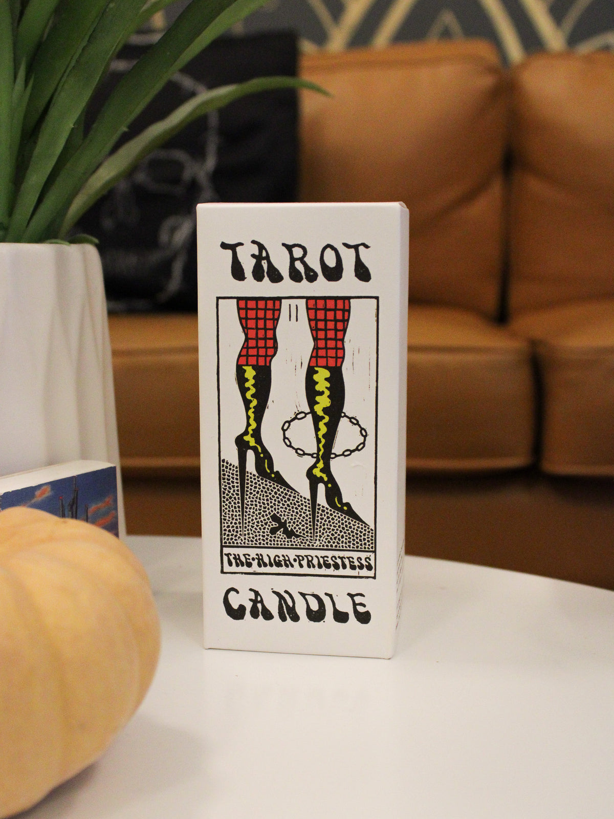 Gift Box detail of votive candle; white box with tarot candle design featuring High Priestess illustration 