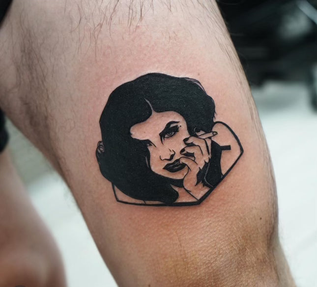 Twin Peaks Audrey Horne blackwork leg tattoo by Miss Vampira