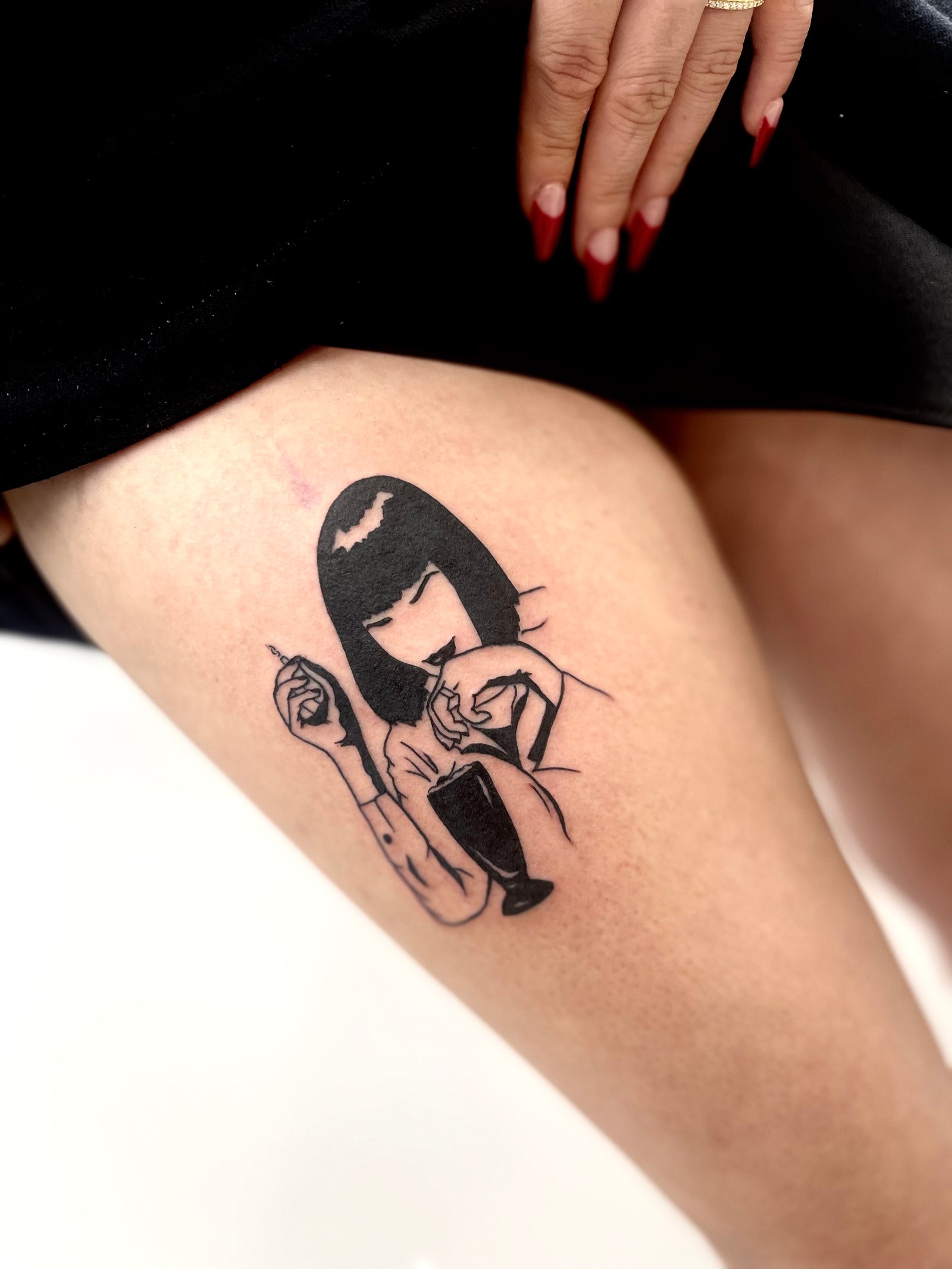 black work high contrast Mia Pulp Fiction thigh tattoo by Miss Vampira