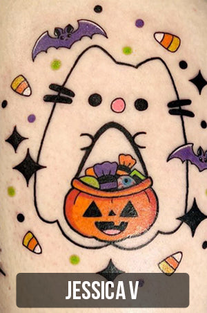 spoopy Halloween themed tattoo by Jessica V with link to her tattoo portfolio
