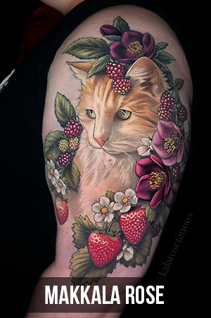 color tattoo of an orange cat with flowers by Makkala Rose with link to her portfolio page