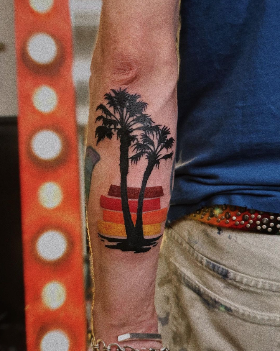 color block sunset and palm tree tattoo by Cavan Infante