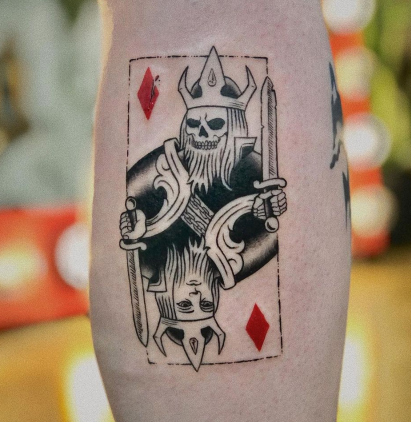 King playing card color calf tattoo by Cavan Infante