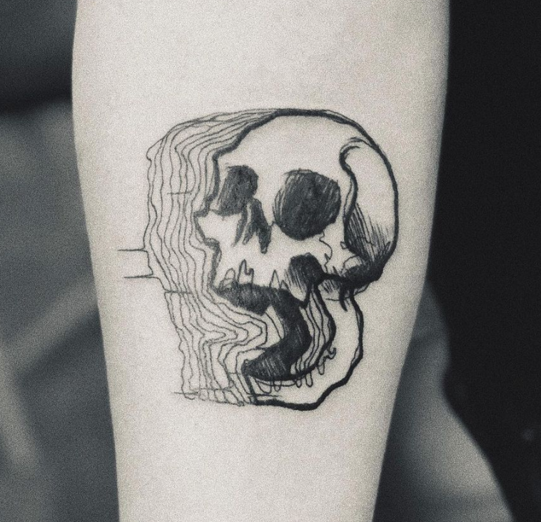 Loose, sketchy, black work skull forearm tattoo by Cavan Infante