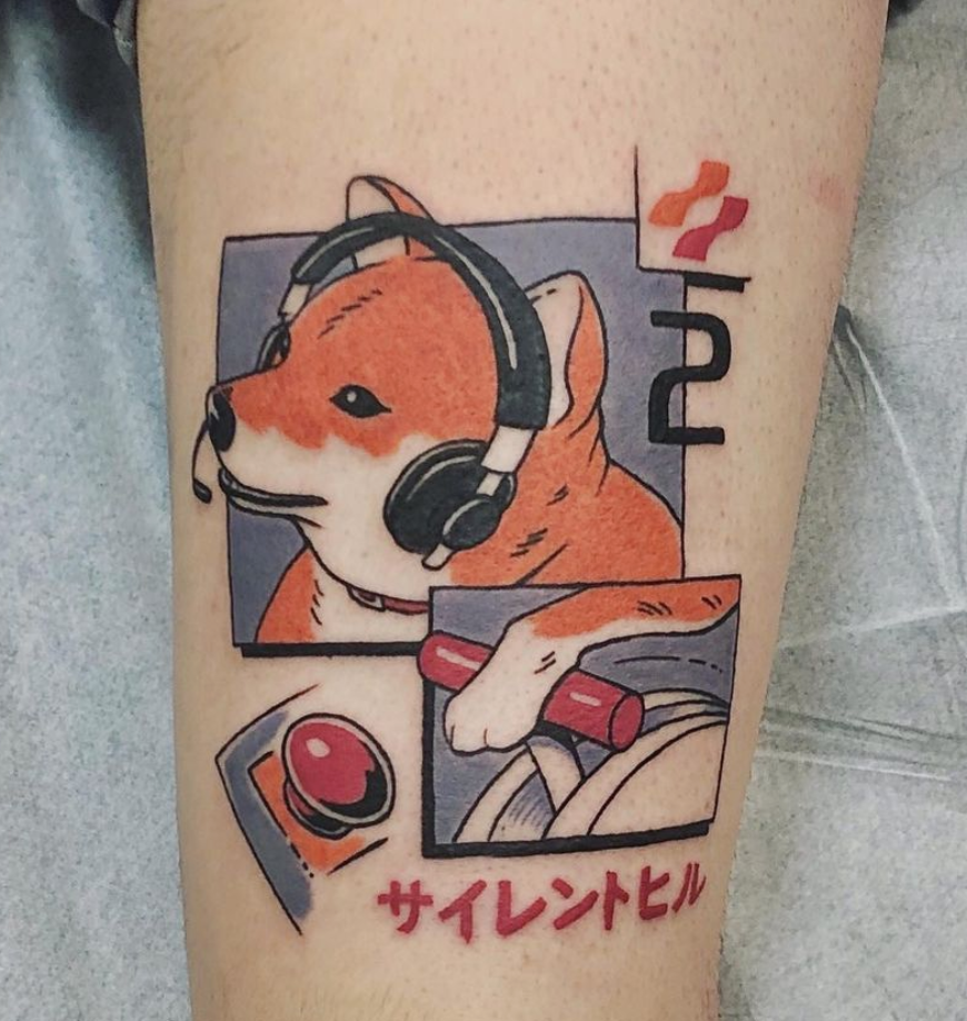 comic panel shiba racing dog color tattoo by Cavan Infante