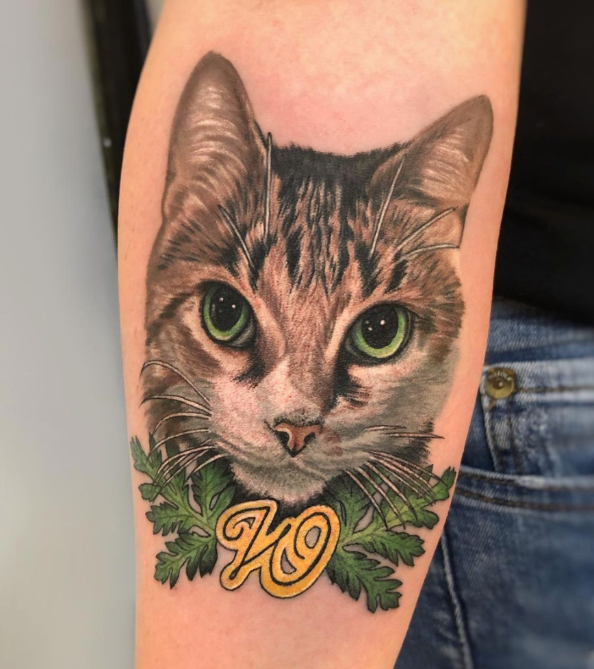Cat portrait tattoo by Megan Massacre