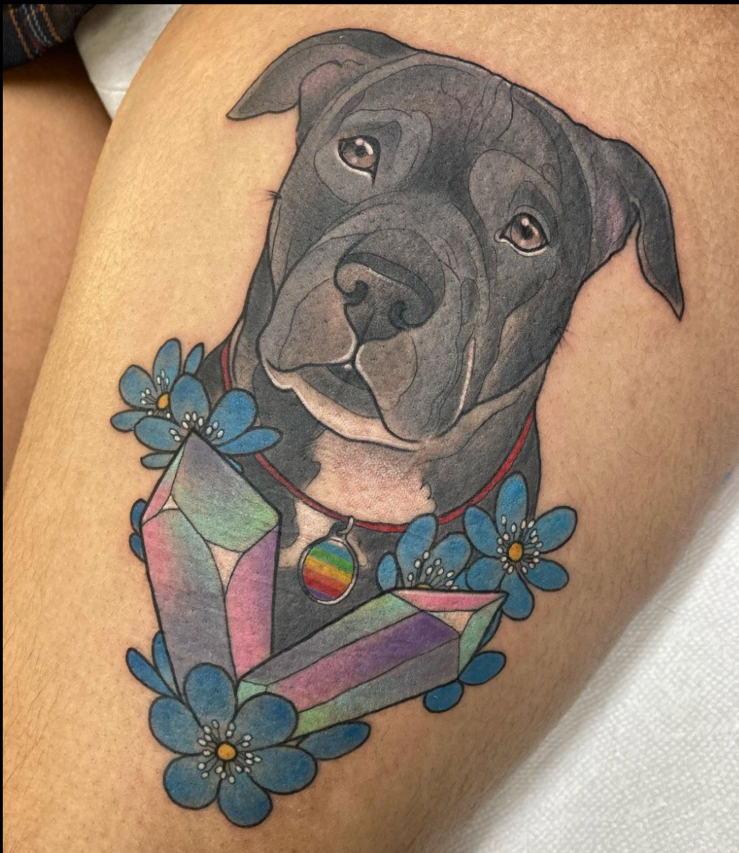 neo traditonal color dog portrait tattoo with crystals by Charlotte Timmons pit bull floral thigh