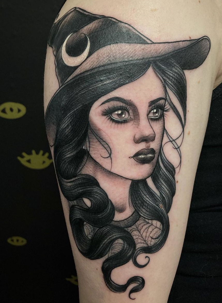 black and grey spooky witch neo traditional tattoo