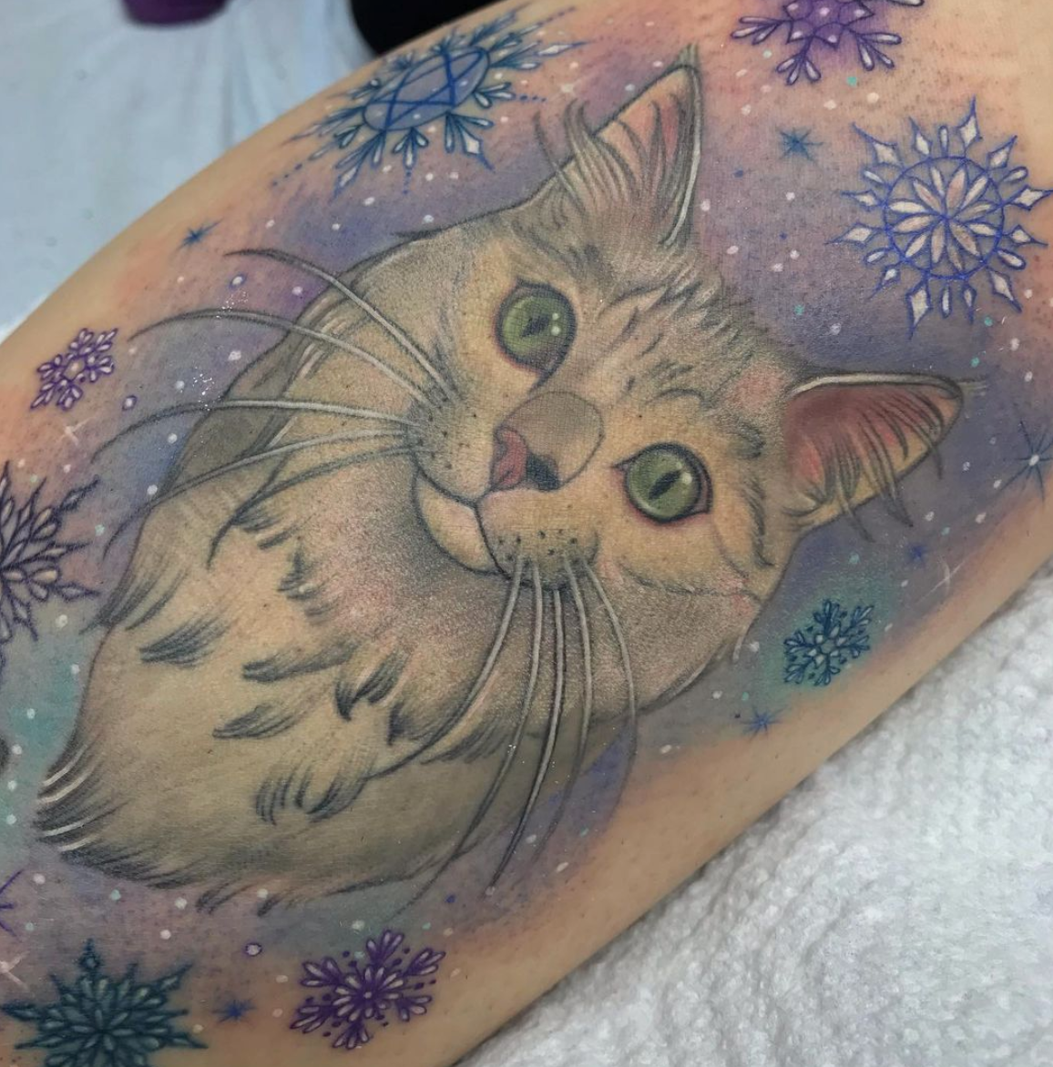 snow flake winter white cat portrait neo traditional color tattoo by Charlotte Timmons