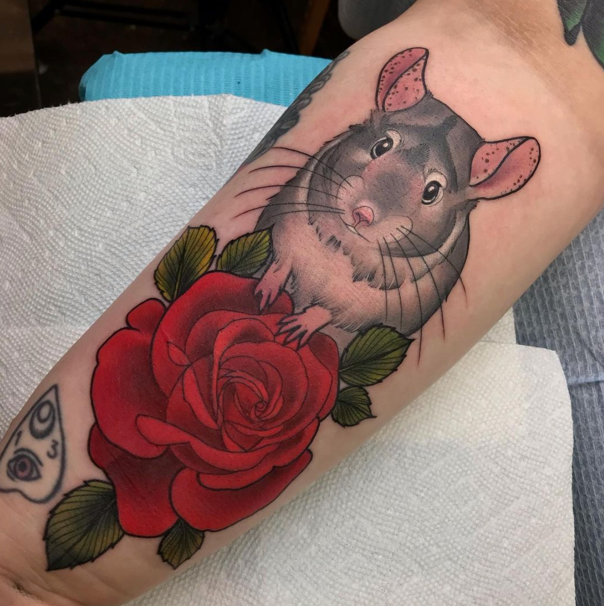 Cute rat mouse portrait with red rose neo traditional color forearm tattoo by Charlotte Timmons