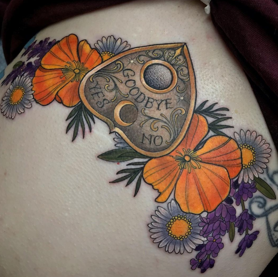 ouija planchette floral neo traditional color tattoo by Charlotte Timmons