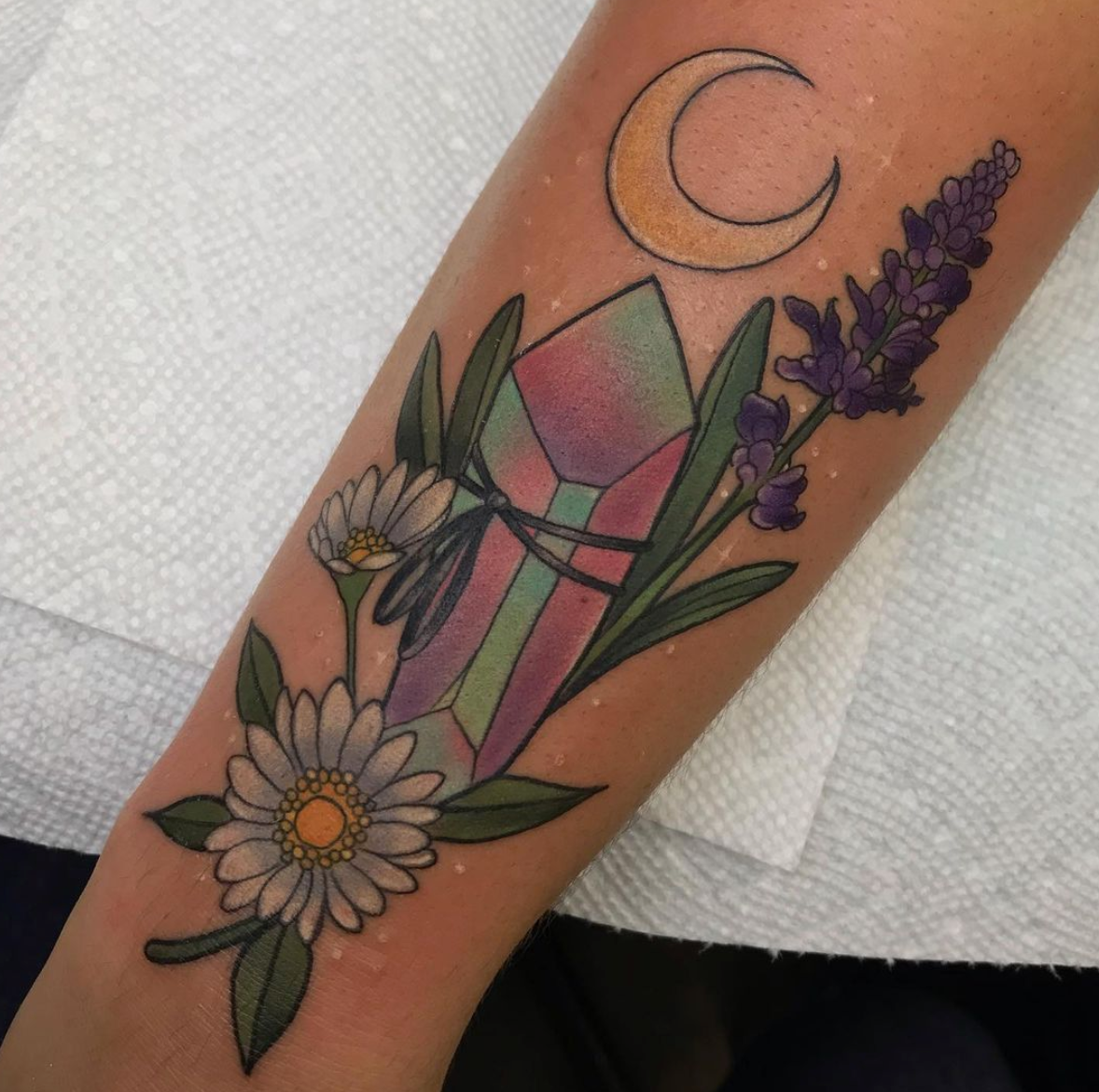 neo traditional daisy crystal moon forearm floral color tattoo by Charlotte Timmons
