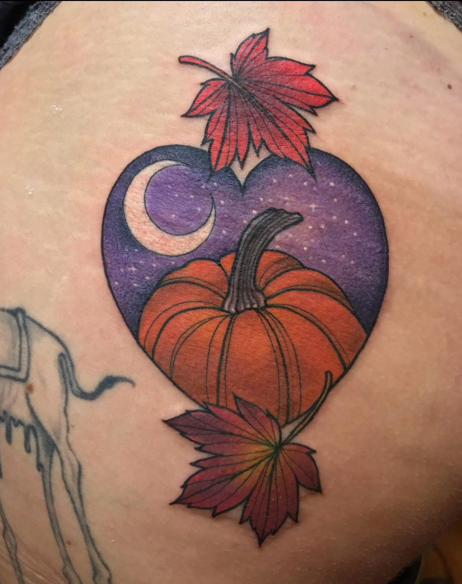 Halloween Autumn Fall themed heart with pumpkin, crescent moon neo traditional tattoo by Charlotte Timmons