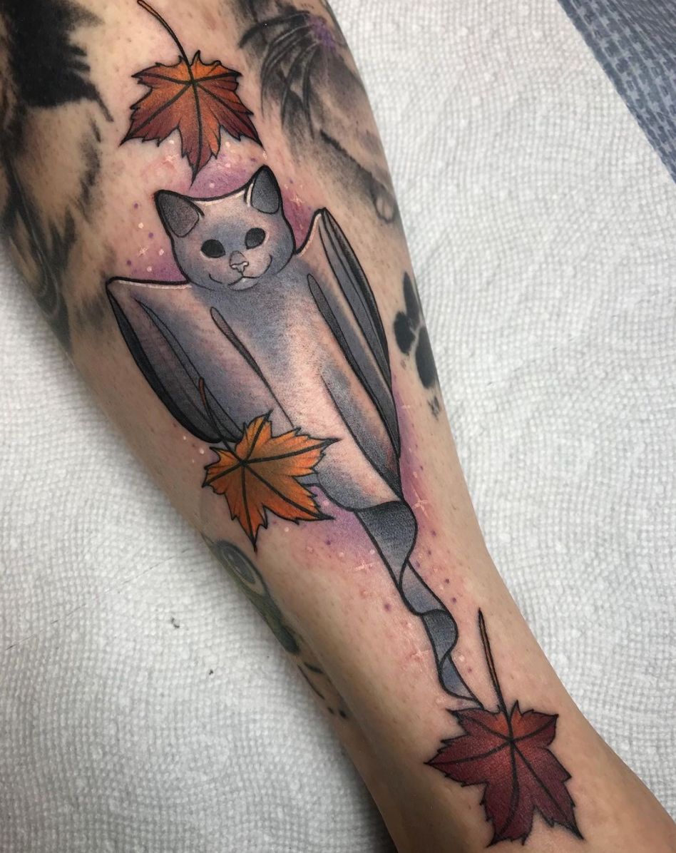 Fall Halloween themed cat ghost autumn leaves neo traditional color tattoo by Charlotte Timmons glitter sparkle