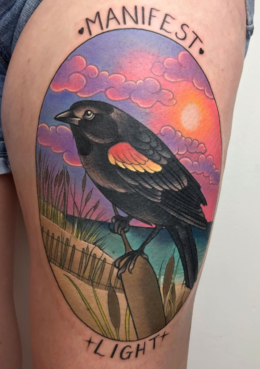 color neo traditional bird and beach thigh tattoo by Charlotte Timmons Manifest Light