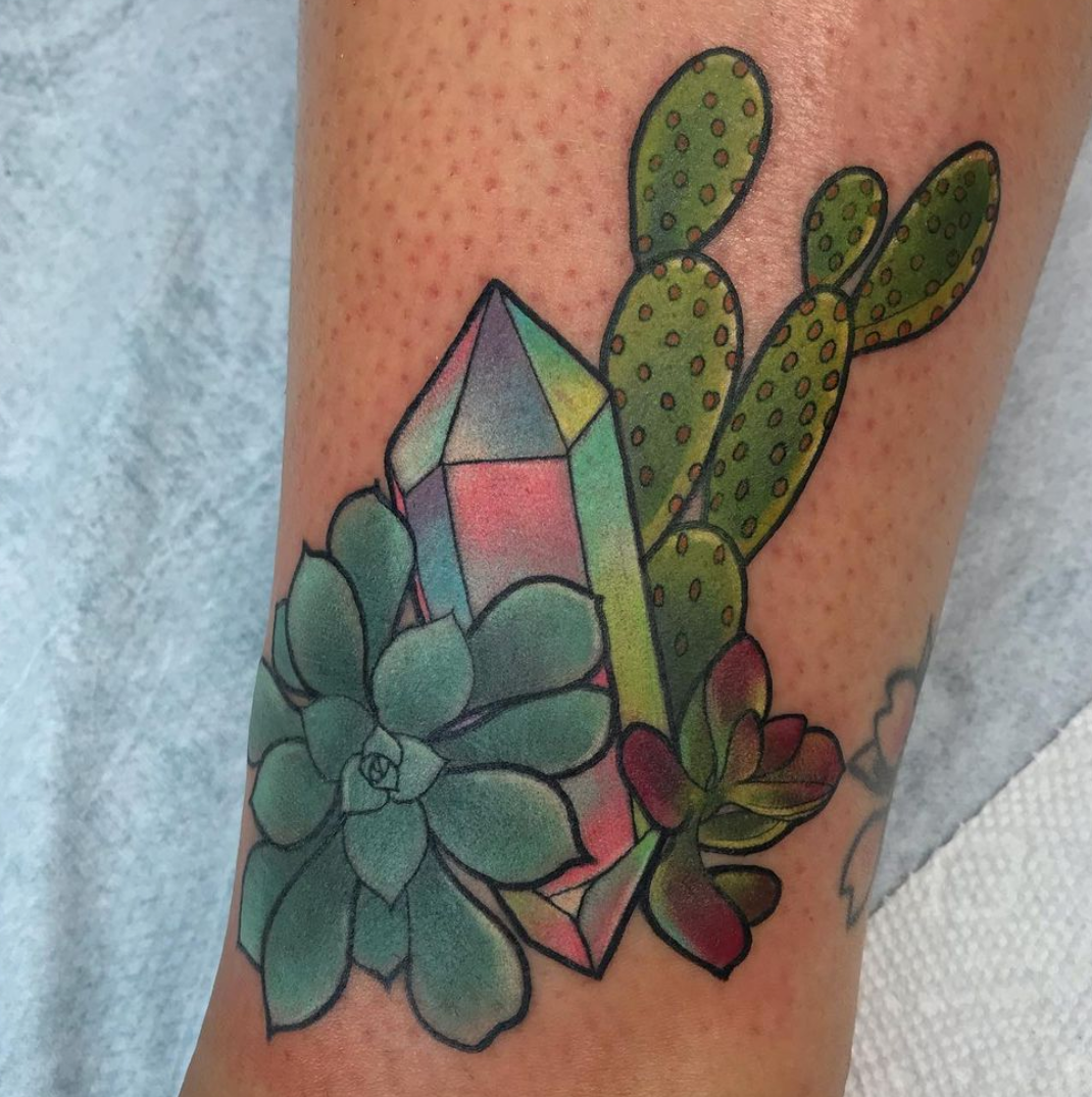neo traditional cactus succulent crystal color tattoo by Charlotte Timmons
