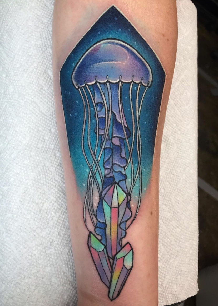 neo traditional jelly fish crystals forearm color tattoo by Charlotte Timmons