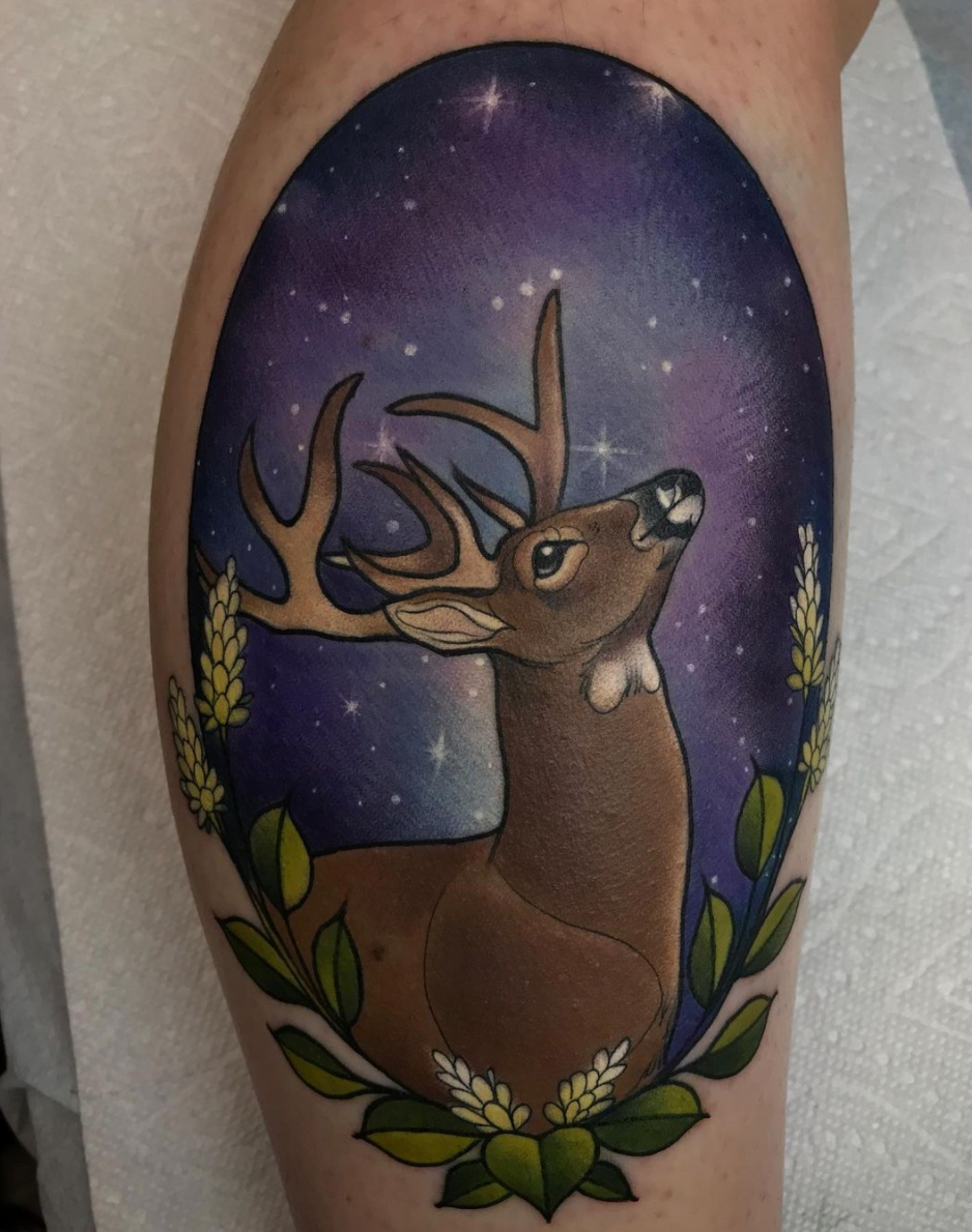 neo traditional deer night sky calf color tattoo by Charlotte Timmons