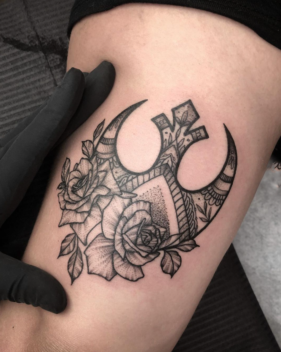 Blackwork Rebels Symbol with Roses tattoo by Janice Danger