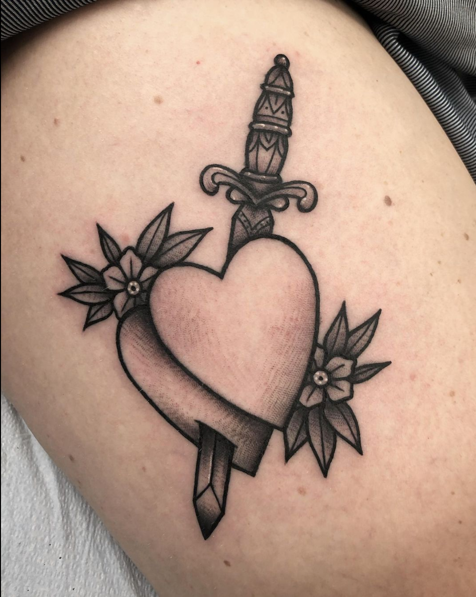blackwork heart and dagger tattoo by Janice Danger