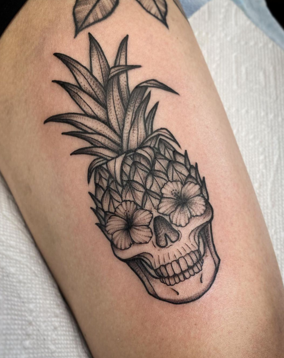 Skull Pineapple black and grey blackwork tattoo by Janice Danger