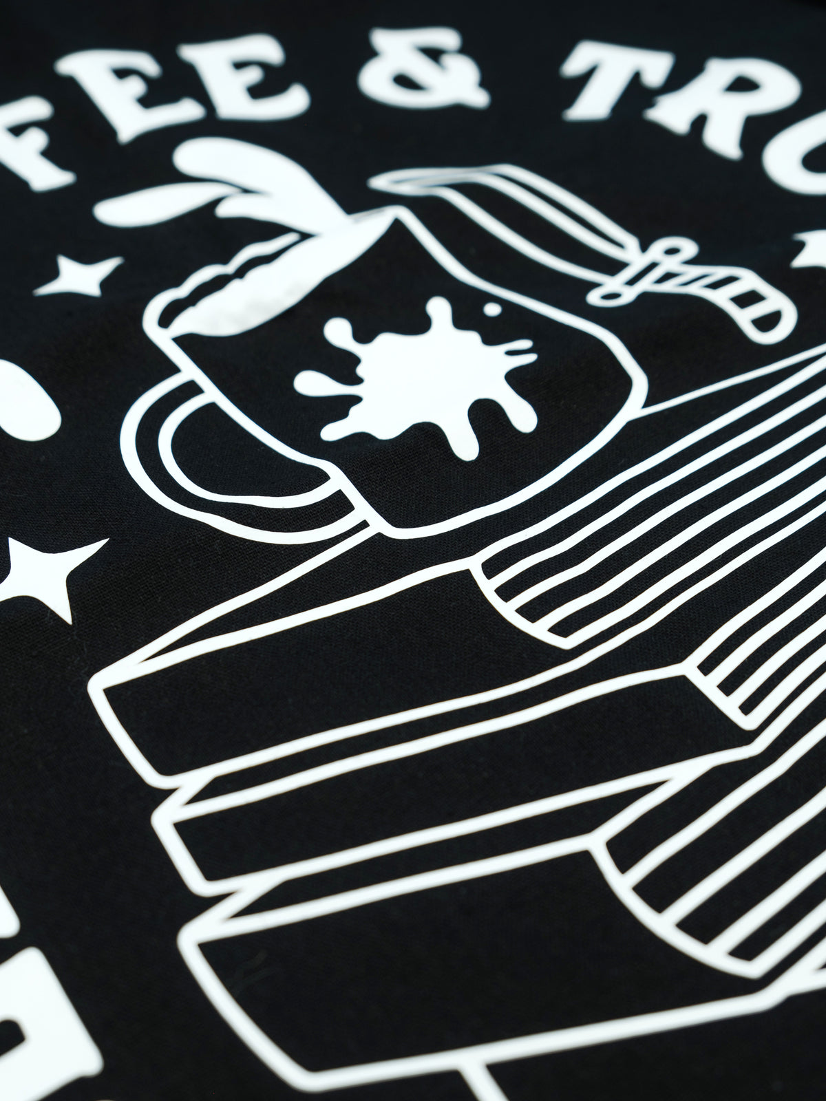 Black canvas totebag tote bag reads Fueled By Coffee & True Crime