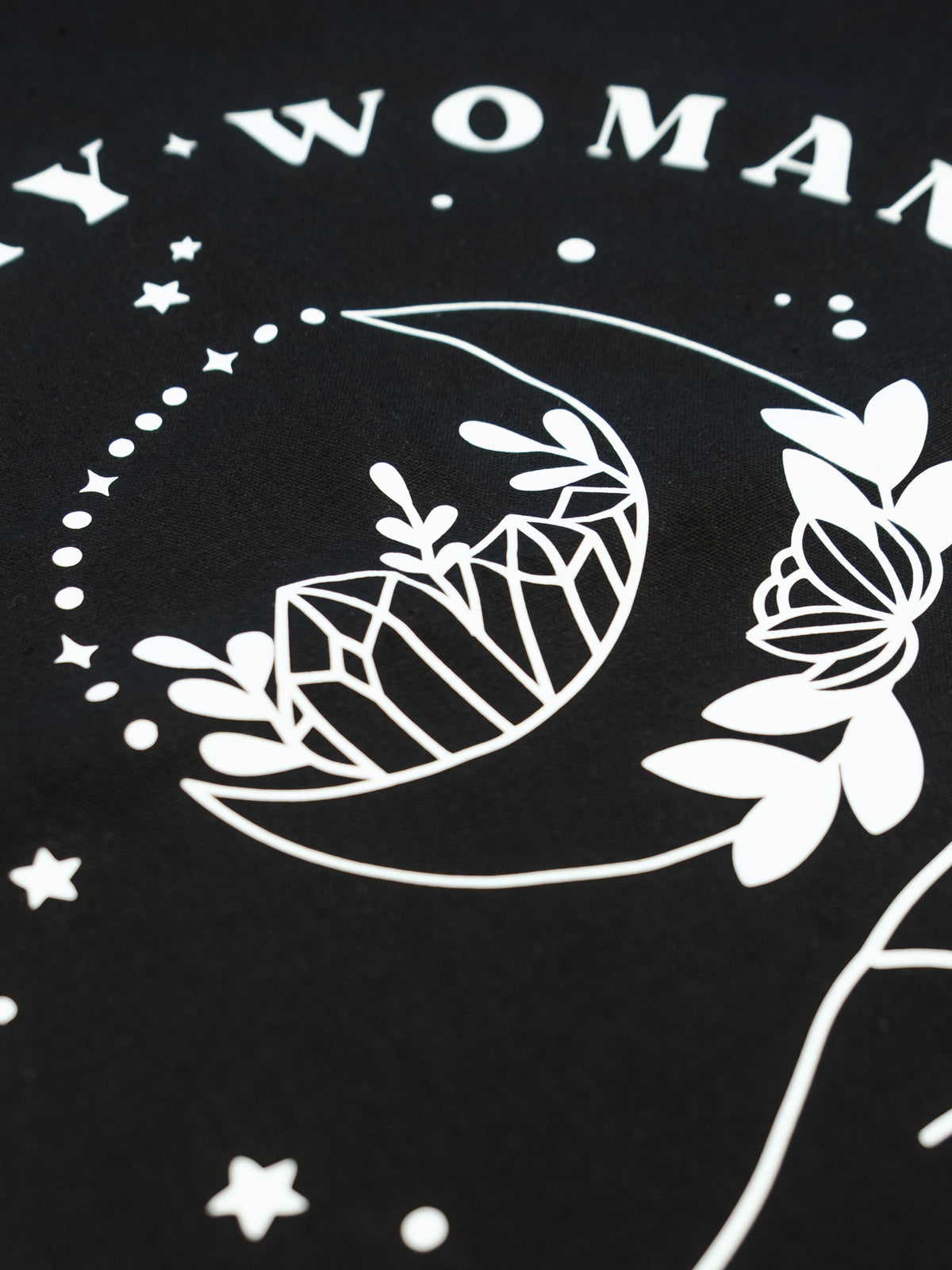 Black canvas totebag tote bag reads Witchy Woman with a crescent moon 