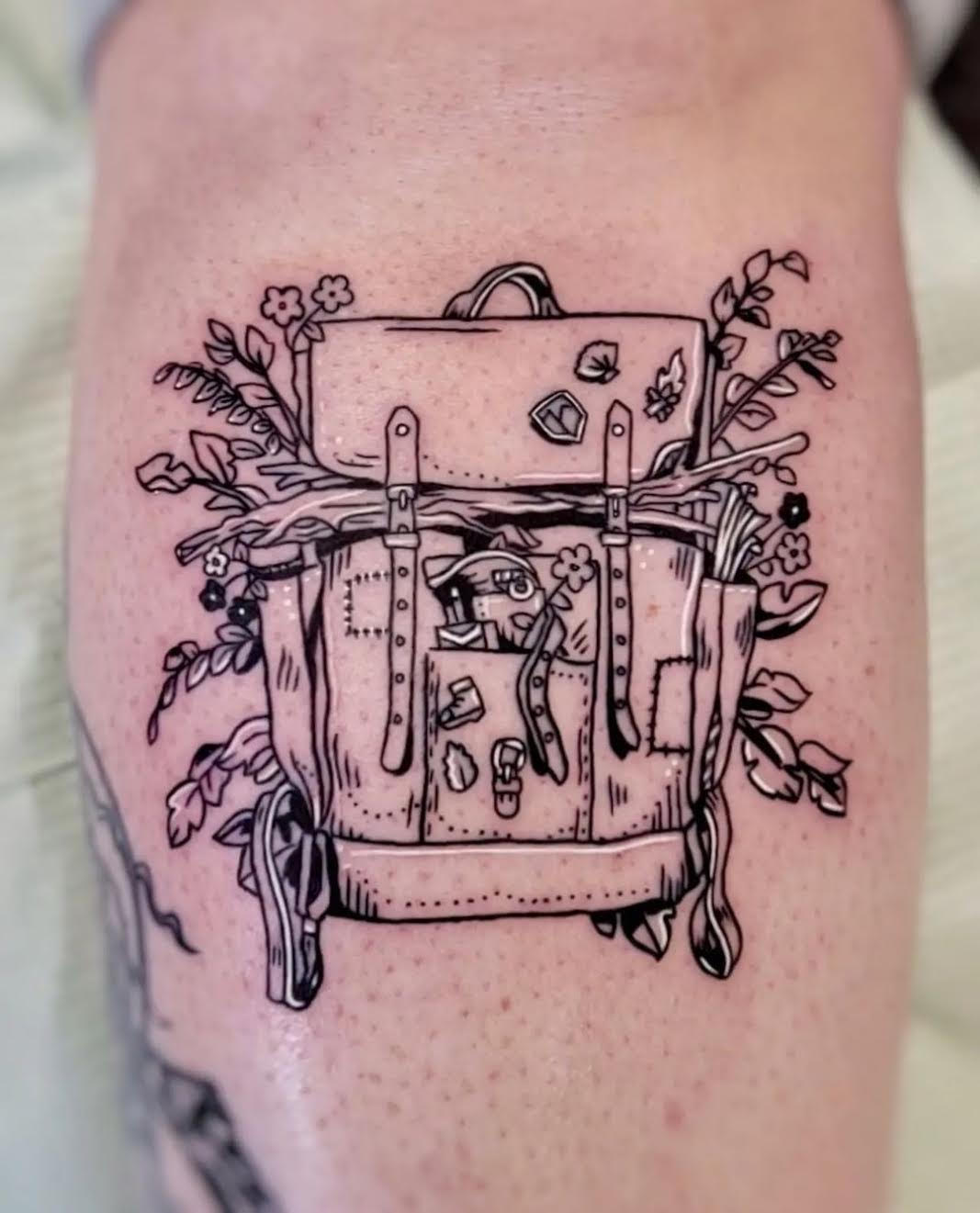 blackwork cute, nature backpack tattoo by Mehak Basu