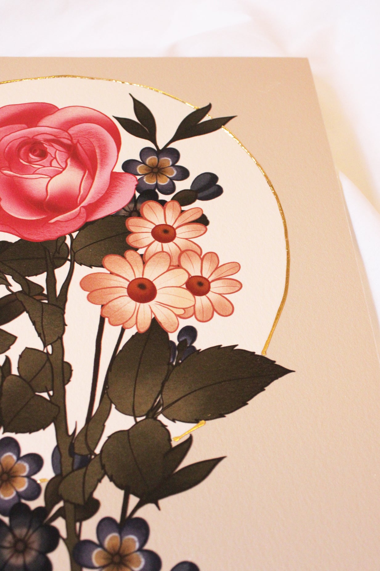 Grit N Glory Tattoo Artist Charlotte Timmons' floral bouquet print featuring a rose with hand embellished gold detailing. 
