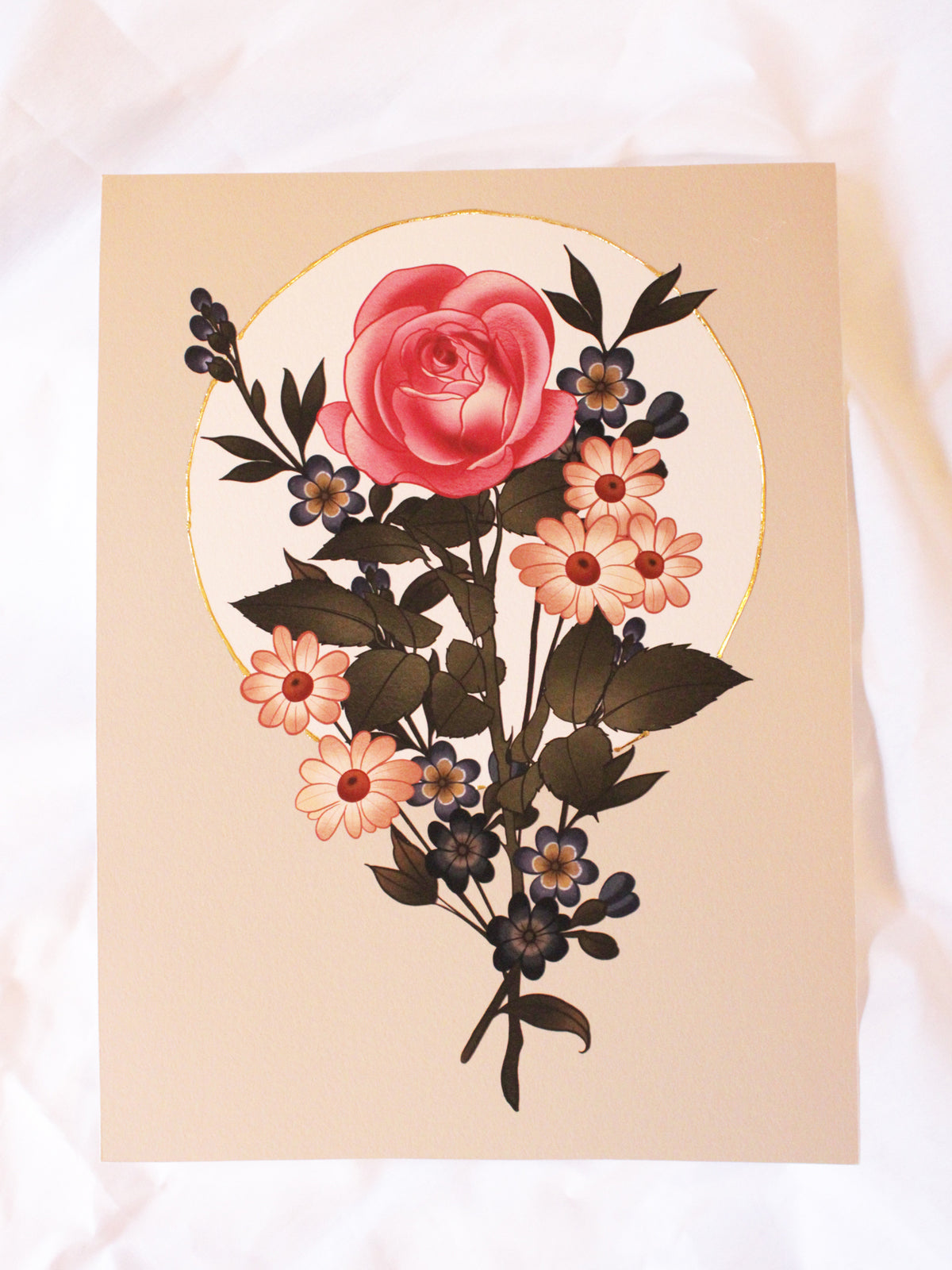 Grit N Glory Tattoo Artist Charlotte Timmons&#39; floral bouquet print featuring a rose with hand embellished gold detailing. 