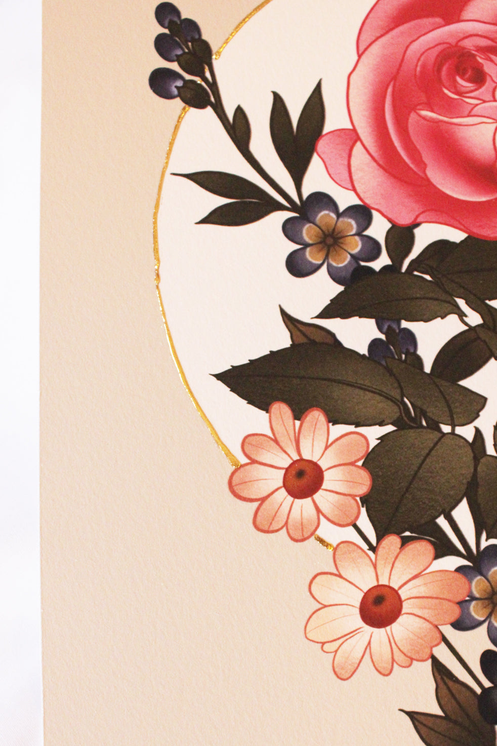 Detail of Grit N Glory Tattoo Artist Charlotte Timmons' floral bouquet print featuring a pink rose with hand embellished gold detailing. 