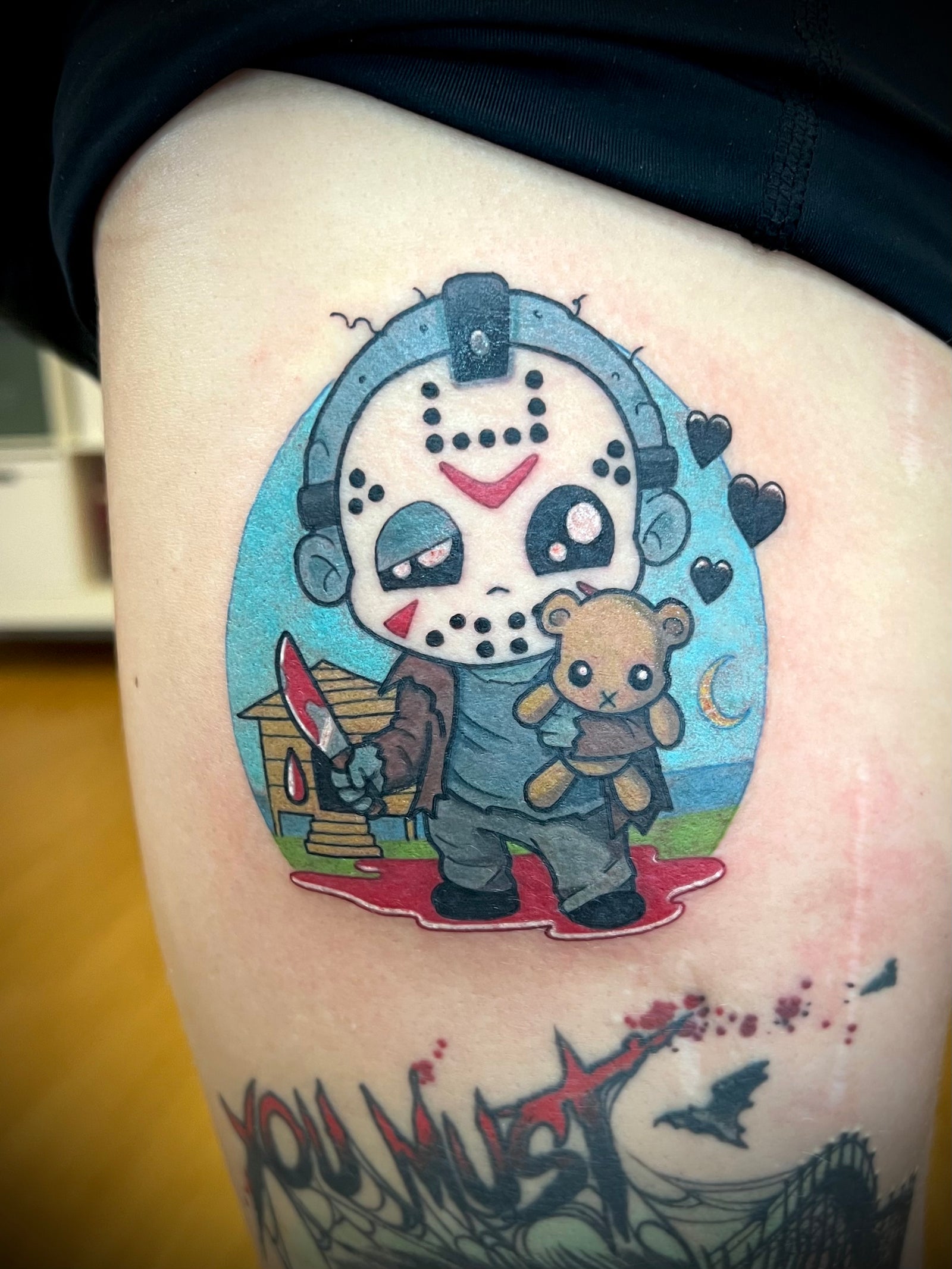 Cute and spooky Jason color thigh tattoo by Jessica V Halloween Horror Spoopy