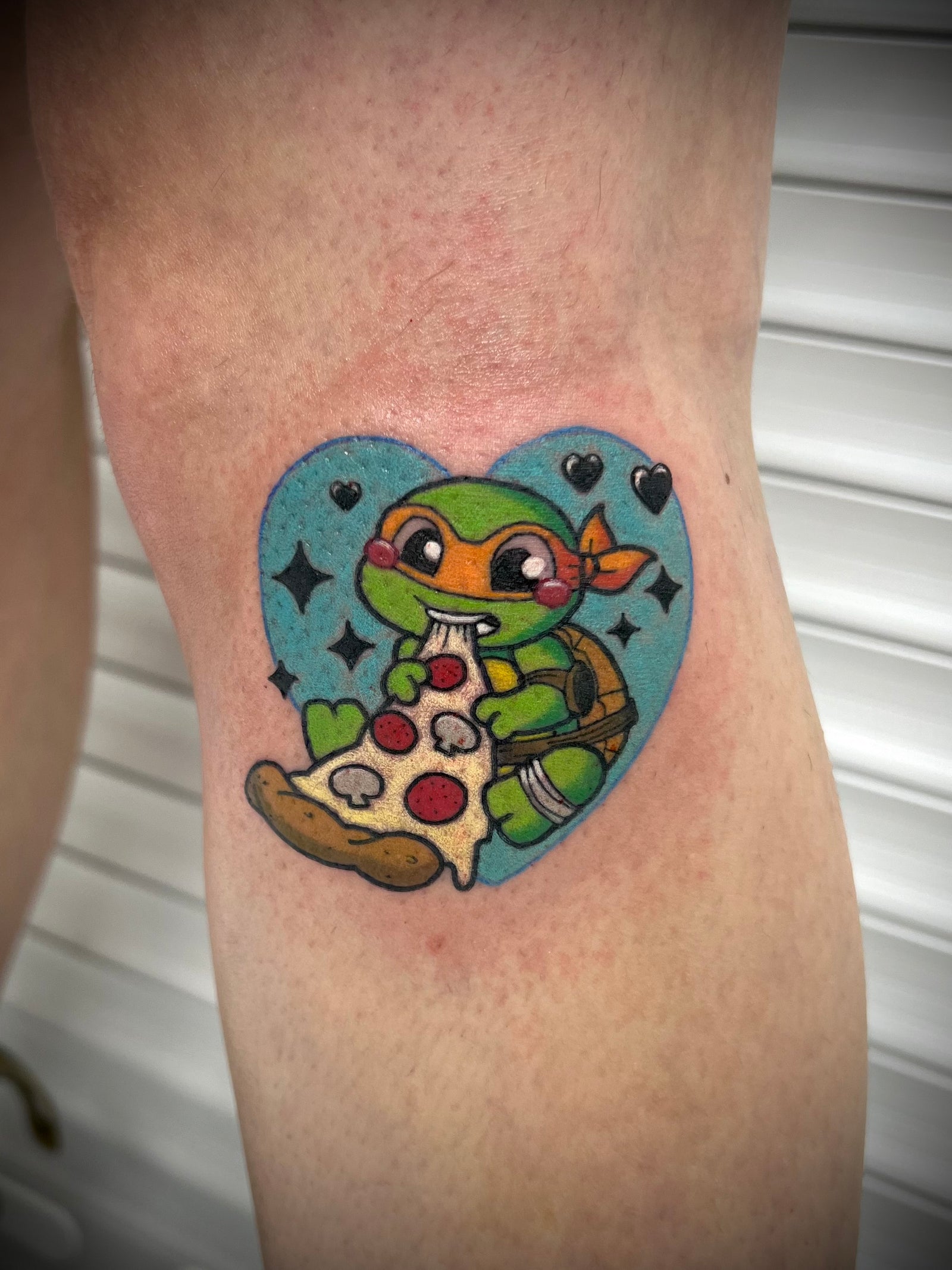 Cute, heart shaped, TMNT Michelangelo eating pizza color tattoo by Jessica V Teenage Mutant Ninja Turtles 