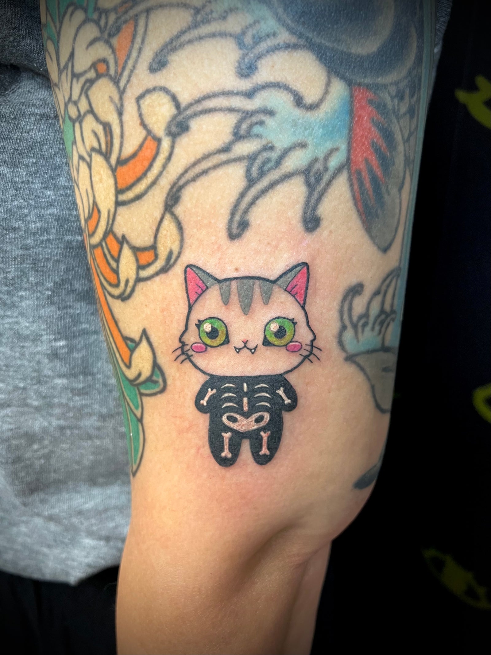 Spoopy Skeleton Kitty color tattoo by Jessica V