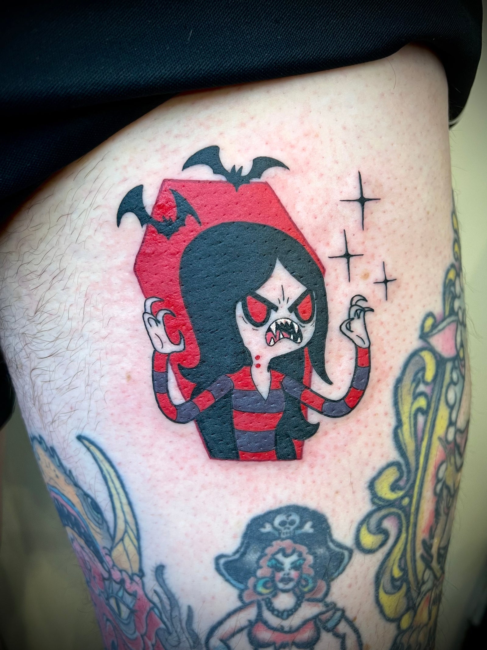 Spooky, Cartoon, Color Marceline Vampire Queen thigh Tattoo in black, gray and red by Jessica V